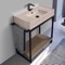 Console Sink Vanity With Beige Travertine Design Ceramic Sink and Natural Brown Oak Shelf, 35